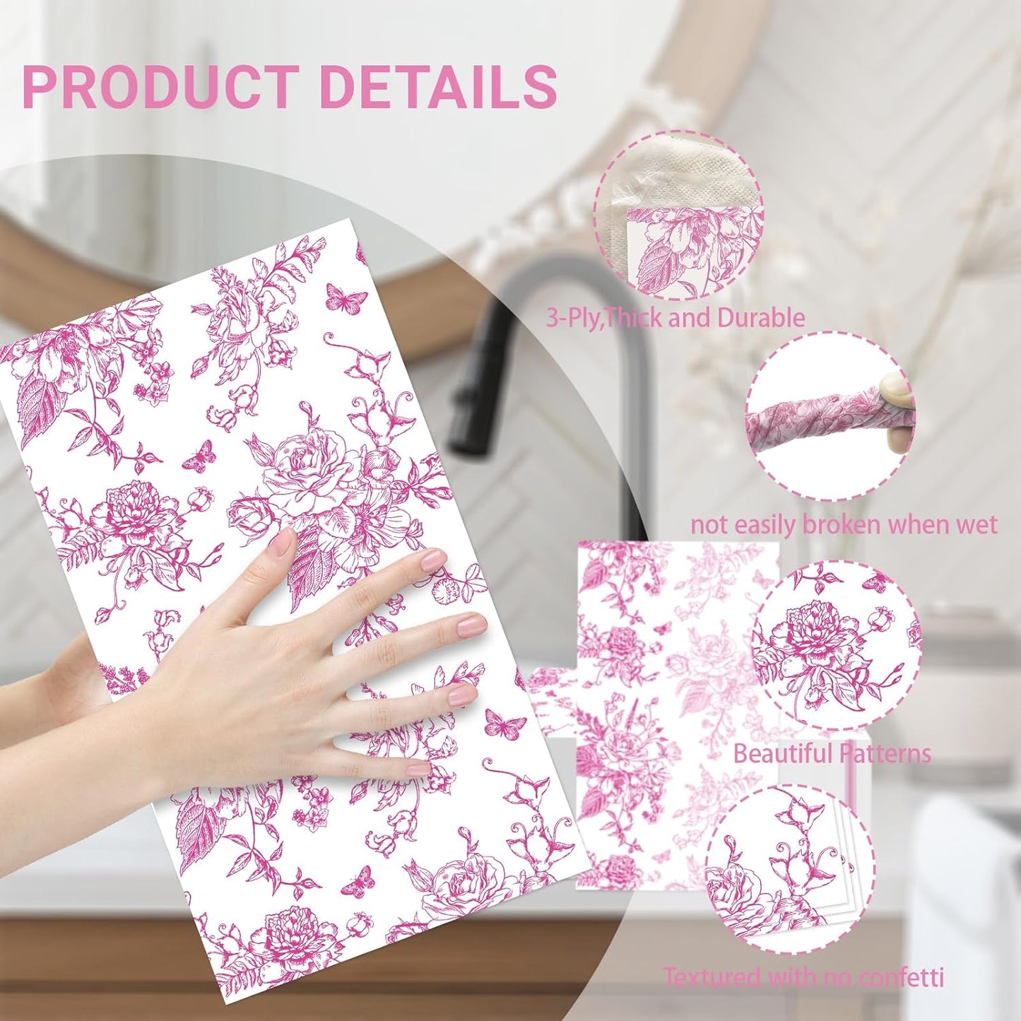 100 PCS Pink Napkins Disposable, Pink Wildflower Paper Napkins 3 Ply Paper Towels Home Party Guest Bathroom Chinoiserie Napkin Bridal Shower Wedding, Decorative Napkins
