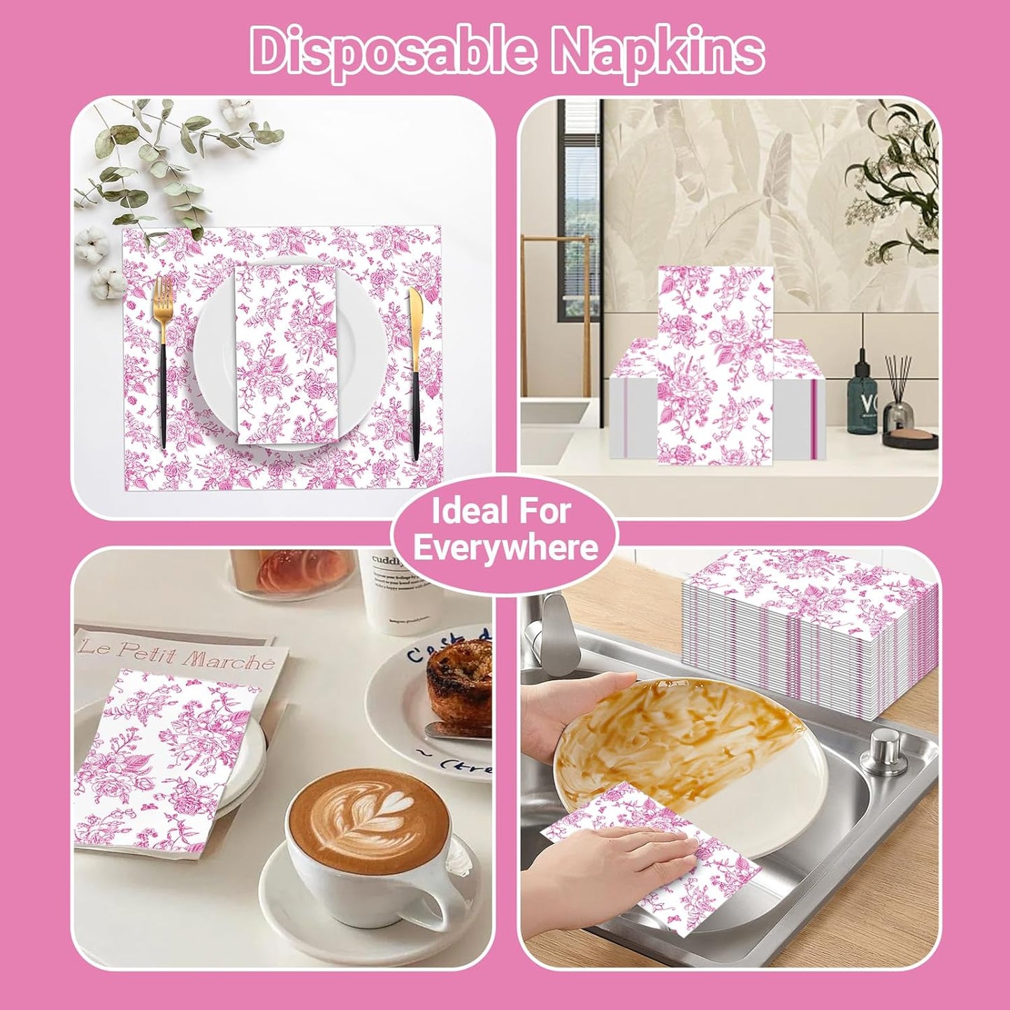 100 PCS Pink Napkins Disposable, Pink Wildflower Paper Napkins 3 Ply Paper Towels Home Party Guest Bathroom Chinoiserie Napkin Bridal Shower Wedding, Decorative Napkins