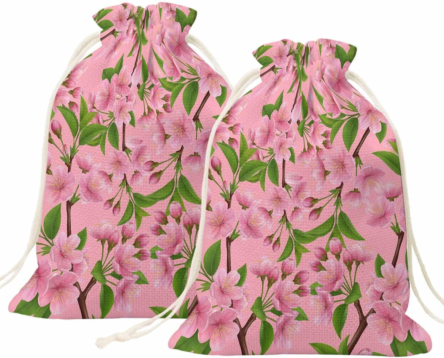 Victoroes Spring Peaches Drawstring Gift Bags 2 Pcs 11.8" x 15.7" Medium Peaches Flowers Pink Gift Bag Reusable Fabric Wrap Bags for Wedding Party Birthday Holiday