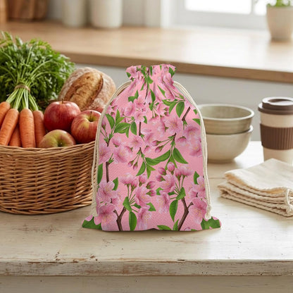 Victoroes Spring Peaches Drawstring Gift Bags 2 Pcs 11.8" x 15.7" Medium Peaches Flowers Pink Gift Bag Reusable Fabric Wrap Bags for Wedding Party Birthday Holiday