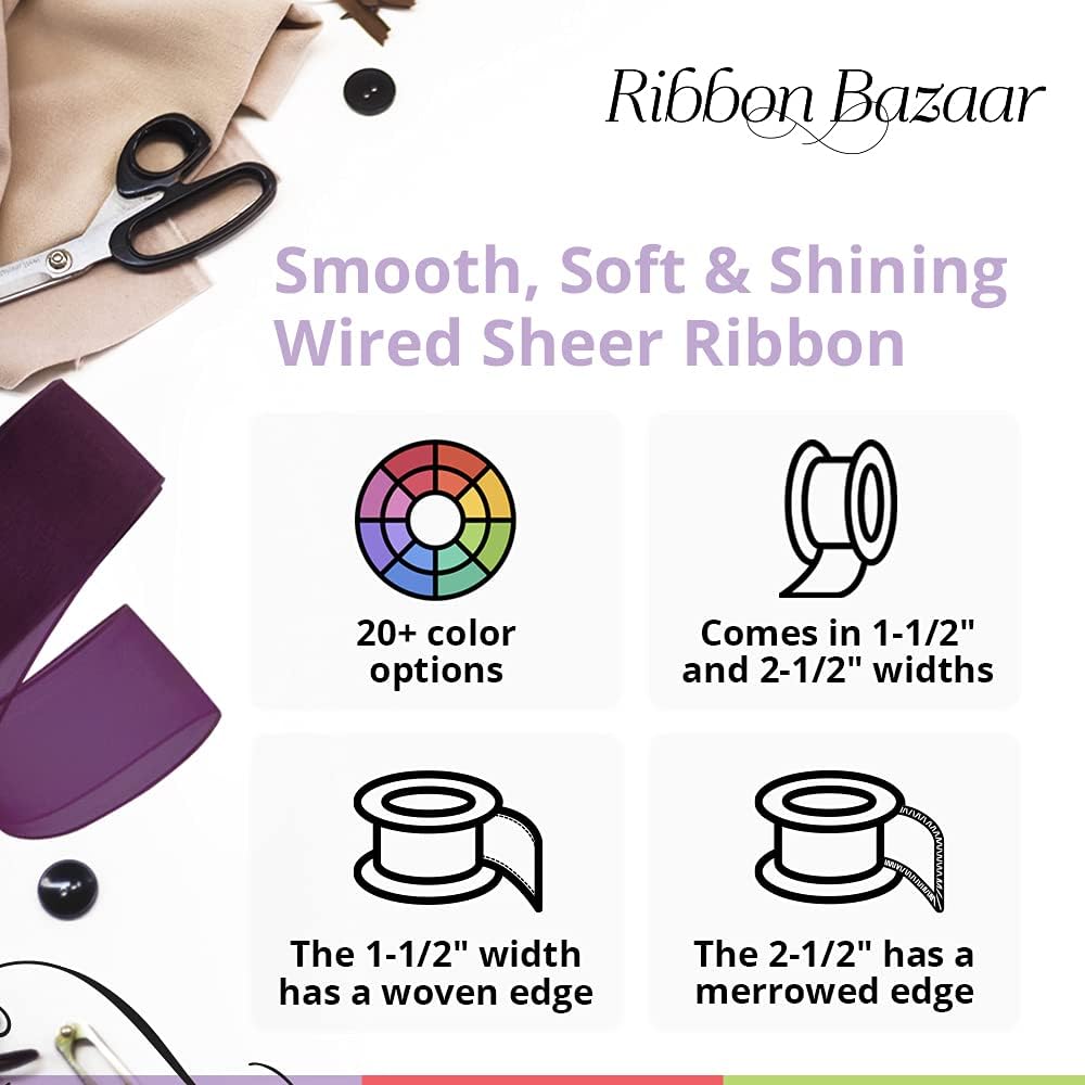 Sheer Organza Wired Ribbon - Wire Edged Ribbon for Floral Decor, Table Arrangements, Apparel Embellishment & More - 1-1/2" Peach 25yd Spool