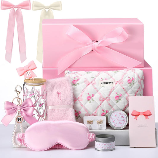 Pink Bow Floral Gift Baskets for Teen Girls, Women Trendy Stuff Coquette Bow Teen Girl Self Care Birthday Box Gift for Her, Sister Friend Women Sweet 16th 18th 21st Box