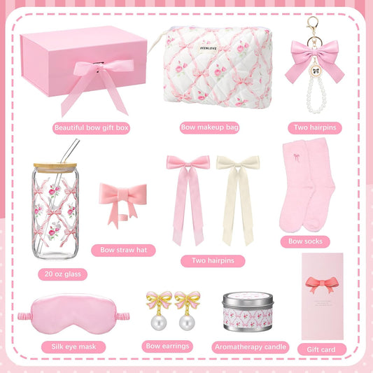 Pink Bow Floral Gift Baskets for Teen Girls, Women Trendy Stuff Coquette Bow Teen Girl Self Care Birthday Box Gift for Her, Sister Friend Women Sweet 16th 18th 21st Box
