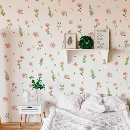 Boho Flower Wall Decals, Daisy Wildflower Wall Stickers Leaf Floral Decor for Girls Bedroom Baby Nursery Kids Room Decor (PinkFlower)