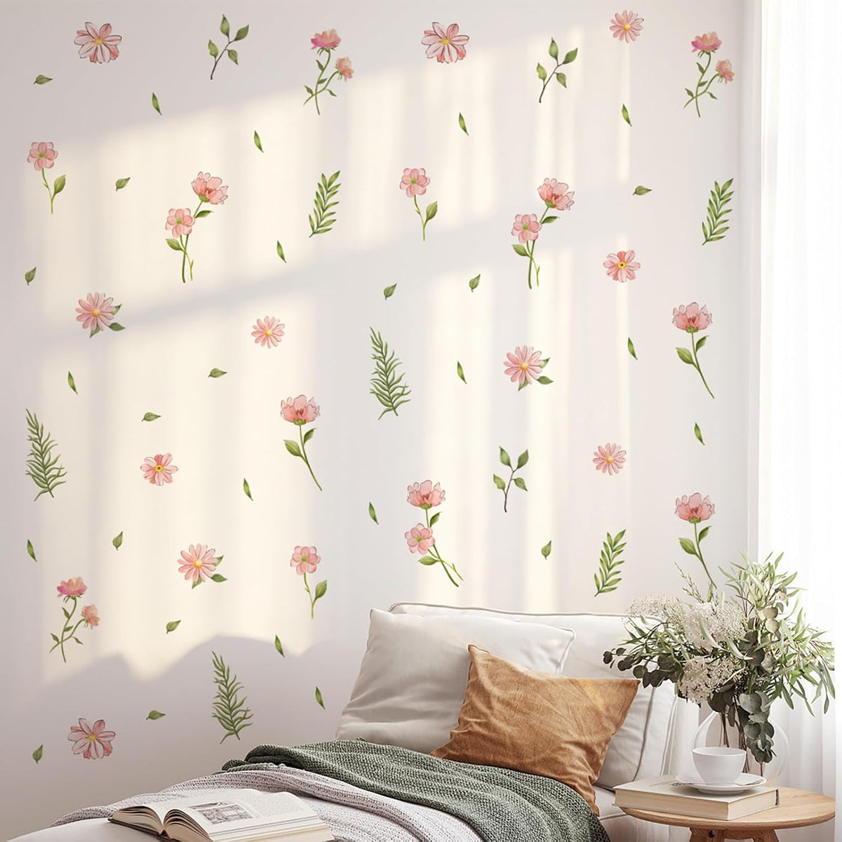 Boho Flower Wall Decals, Daisy Wildflower Wall Stickers Leaf Floral Decor for Girls Bedroom Baby Nursery Kids Room Decor (PinkFlower)