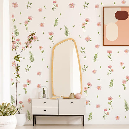 Boho Flower Wall Decals, Daisy Wildflower Wall Stickers Leaf Floral Decor for Girls Bedroom Baby Nursery Kids Room Decor (PinkFlower)