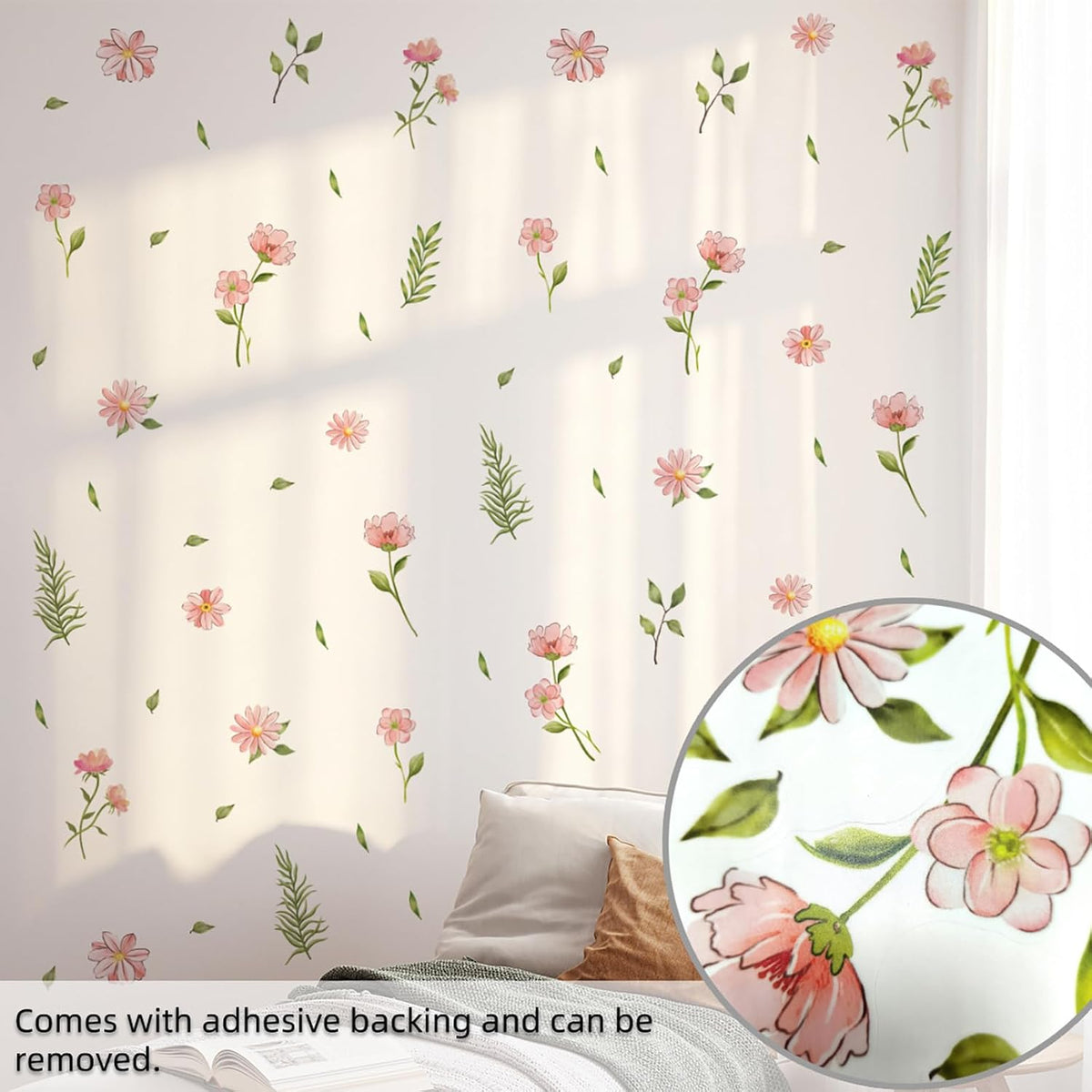 Boho Flower Wall Decals, Daisy Wildflower Wall Stickers Leaf Floral Decor for Girls Bedroom Baby Nursery Kids Room Decor (PinkFlower)