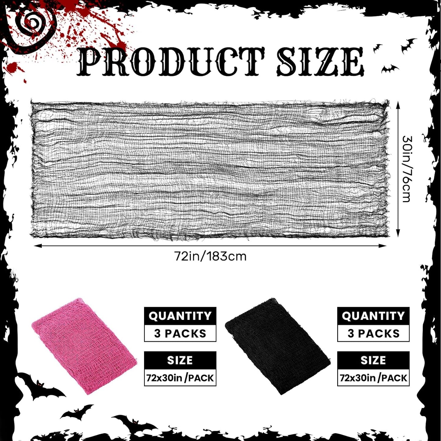 6 Set Halloween Creepy Cloth, Pink Black Gauze Decor, 72x30 Inch
