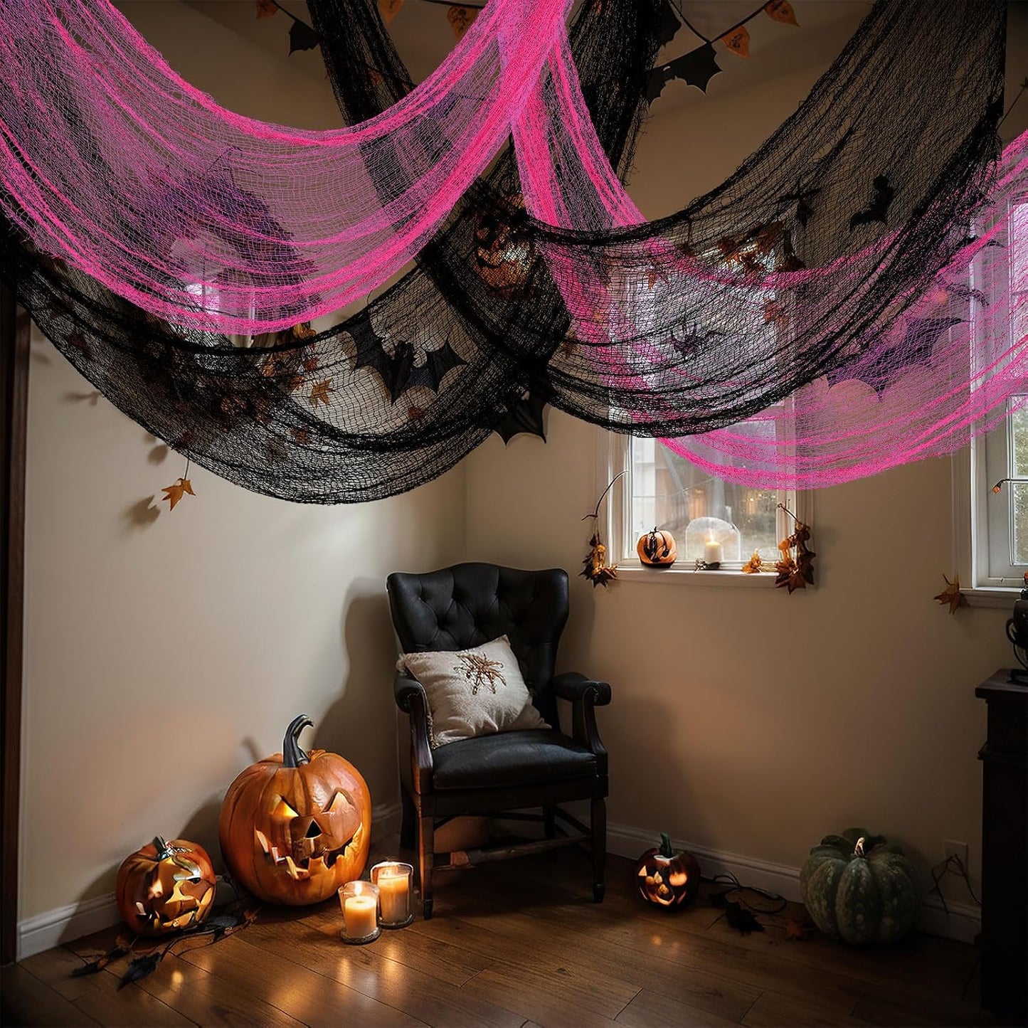 6 Set Halloween Creepy Cloth, Pink Black Gauze Decor, 72x30 Inch