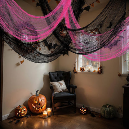 6 Set Halloween Creepy Cloth, Pink Black Gauze Decor, 72x30 Inch