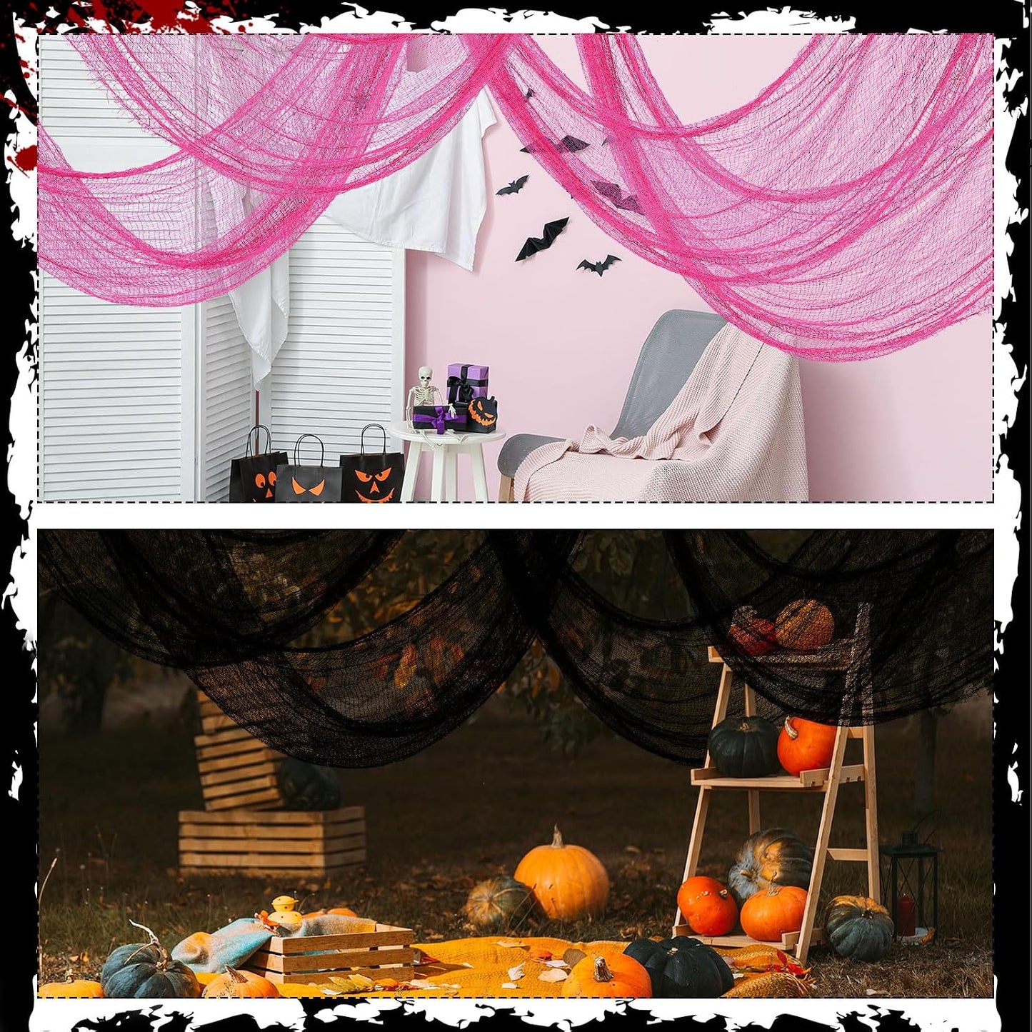 6 Set Halloween Creepy Cloth, Pink Black Gauze Decor, 72x30 Inch