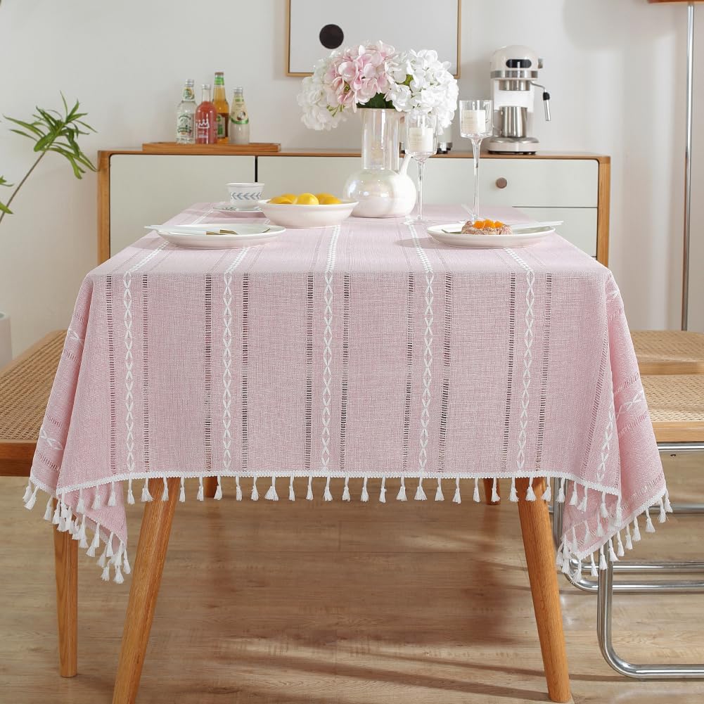 Pink Rustic Table Cloth, Rectangle Textured Cotton Linen Fabric Tablecloth with Tassel, Valentines Day Farmhouse Table Cover Embroidery Stripe Tablecloths for Kitchen Dinning Party, 24" X 24"