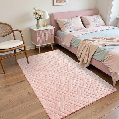 Pink Fluffy Area Rug for Girls Bedroom, 3x5 Geometric Shag Rugs