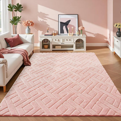 Pink Fluffy Area Rug for Girls Bedroom, 3x5 Geometric Shag Rugs
