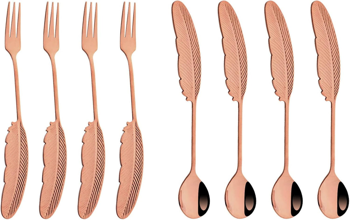8Pieces 304 Stainless Steel Copper Feather Coffee Spoon 4 and Appetizer Fork 4 Tableware Mini Dessert Utensils Set Creative Spoons and Forks for Stirring, Fruit, Cake, Coffee, Tea-Rose Gold