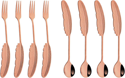 8Pieces 304 Stainless Steel Copper Feather Coffee Spoon 4 and Appetizer Fork 4 Tableware Mini Dessert Utensils Set Creative Spoons and Forks for Stirring, Fruit, Cake, Coffee, Tea-Rose Gold