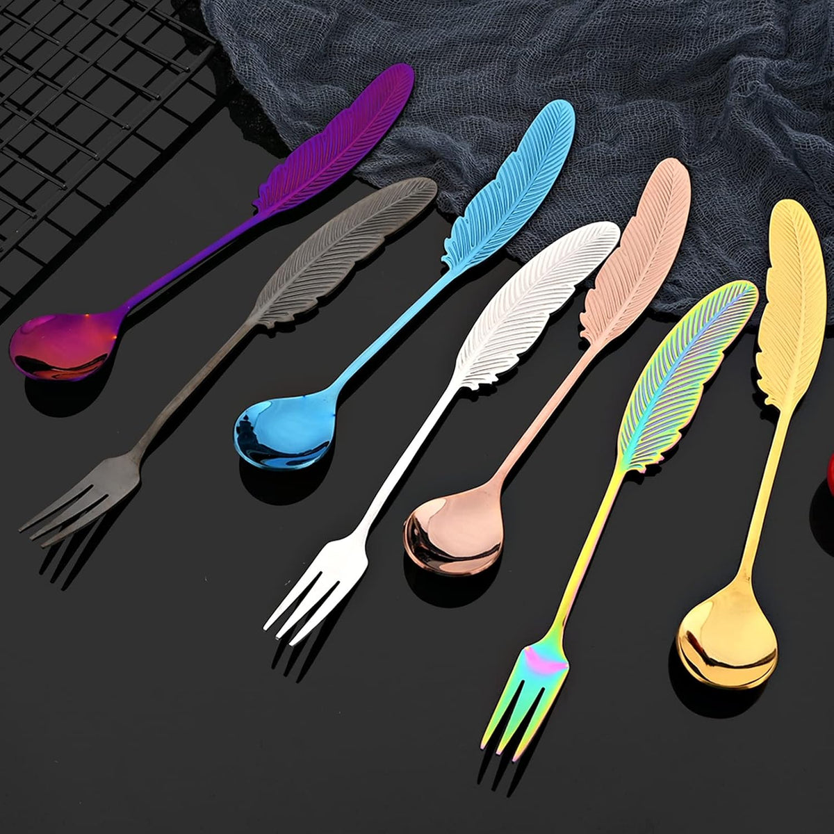 8Pieces 304 Stainless Steel Copper Feather Coffee Spoon 4 and Appetizer Fork 4 Tableware Mini Dessert Utensils Set Creative Spoons and Forks for Stirring, Fruit, Cake, Coffee, Tea-Rose Gold