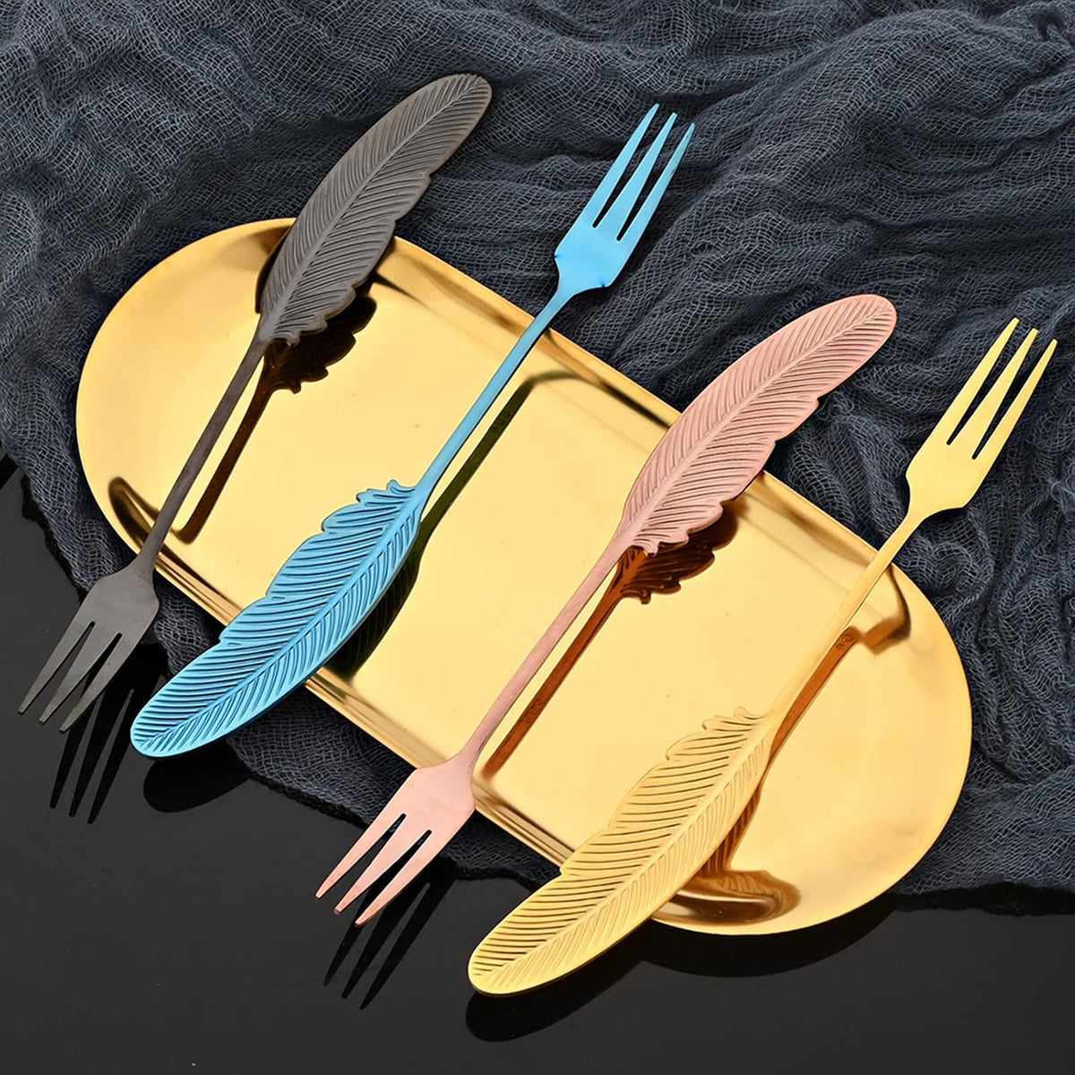 8Pieces 304 Stainless Steel Copper Feather Coffee Spoon 4 and Appetizer Fork 4 Tableware Mini Dessert Utensils Set Creative Spoons and Forks for Stirring, Fruit, Cake, Coffee, Tea-Rose Gold