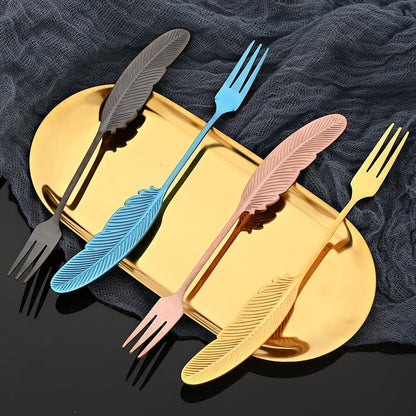 8Pieces 304 Stainless Steel Copper Feather Coffee Spoon 4 and Appetizer Fork 4 Tableware Mini Dessert Utensils Set Creative Spoons and Forks for Stirring, Fruit, Cake, Coffee, Tea-Rose Gold