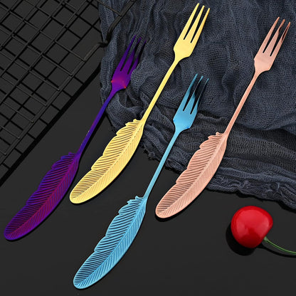 8Pieces 304 Stainless Steel Copper Feather Coffee Spoon 4 and Appetizer Fork 4 Tableware Mini Dessert Utensils Set Creative Spoons and Forks for Stirring, Fruit, Cake, Coffee, Tea-Rose Gold