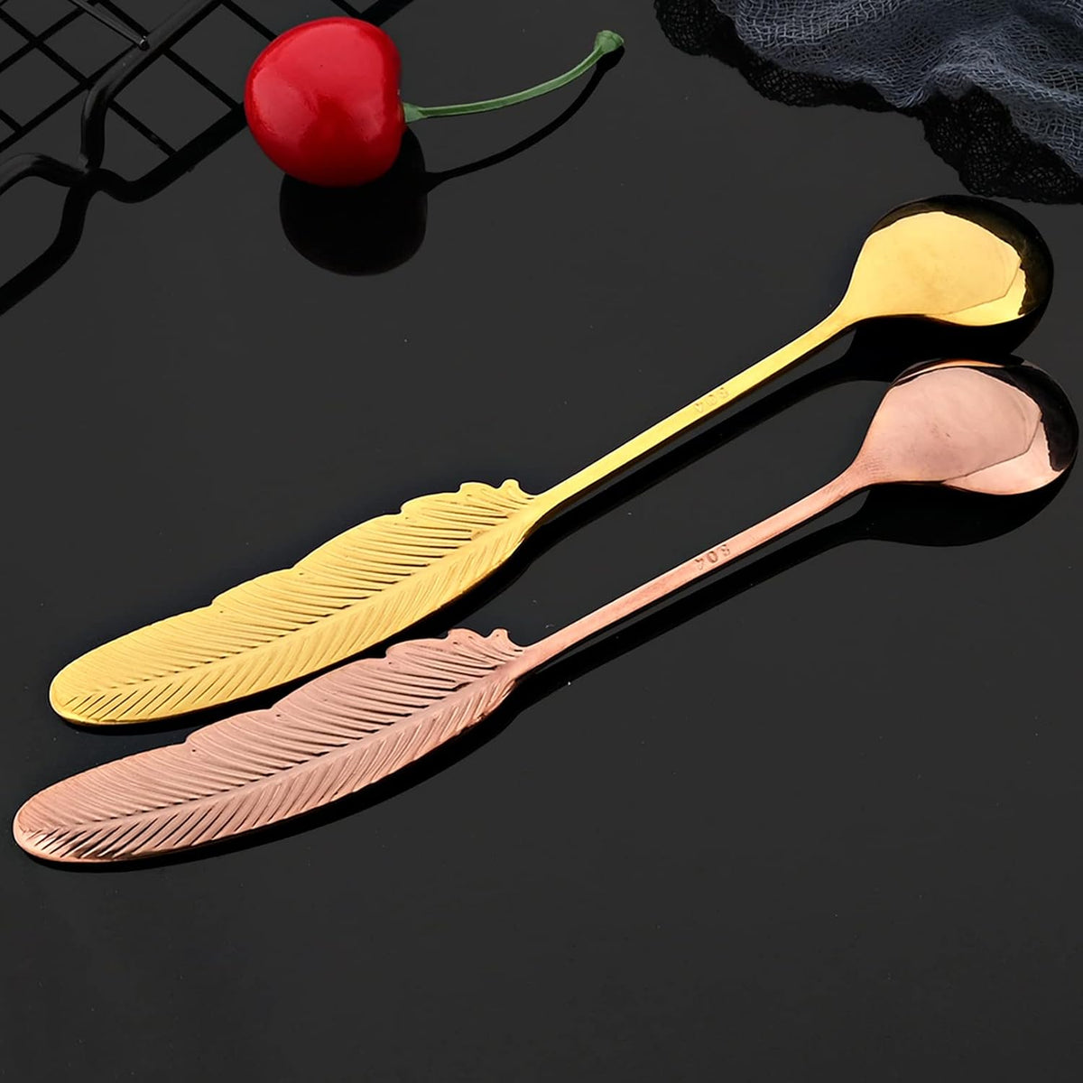 8Pieces 304 Stainless Steel Copper Feather Coffee Spoon 4 and Appetizer Fork 4 Tableware Mini Dessert Utensils Set Creative Spoons and Forks for Stirring, Fruit, Cake, Coffee, Tea-Rose Gold