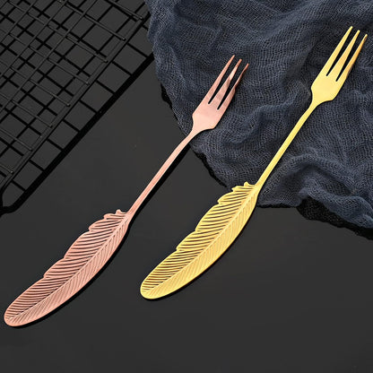 8Pieces 304 Stainless Steel Copper Feather Coffee Spoon 4 and Appetizer Fork 4 Tableware Mini Dessert Utensils Set Creative Spoons and Forks for Stirring, Fruit, Cake, Coffee, Tea-Rose Gold