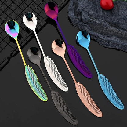 8Pieces 304 Stainless Steel Copper Feather Coffee Spoon 4 and Appetizer Fork 4 Tableware Mini Dessert Utensils Set Creative Spoons and Forks for Stirring, Fruit, Cake, Coffee, Tea-Rose Gold