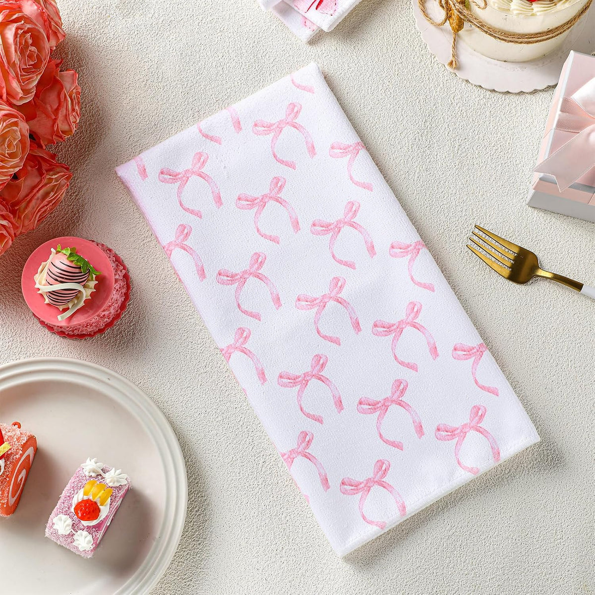 4 Pcs Coquette Kitchen Towels Microfiber,Pink,Bow