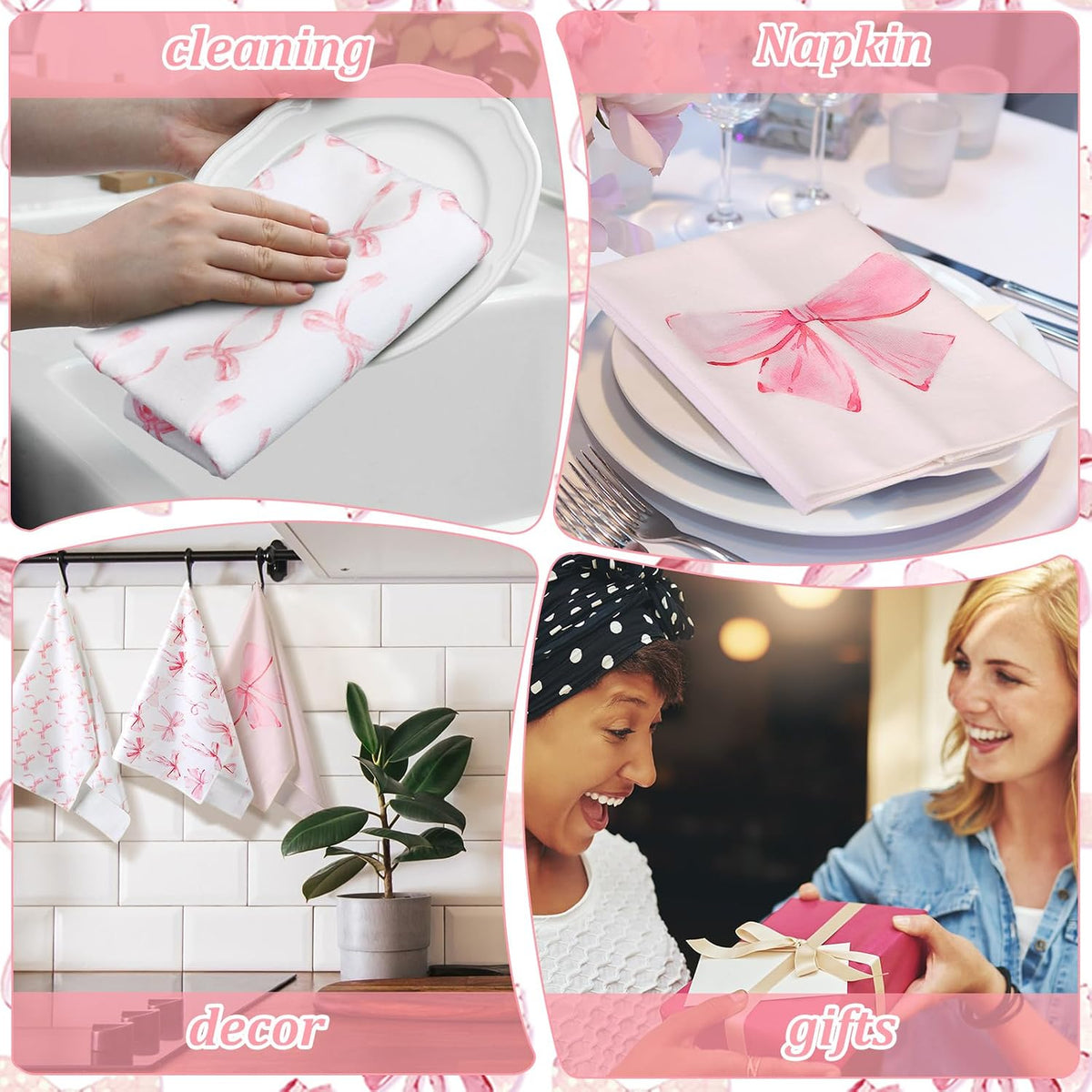 4 Pcs Coquette Kitchen Towels Microfiber,Pink,Bow