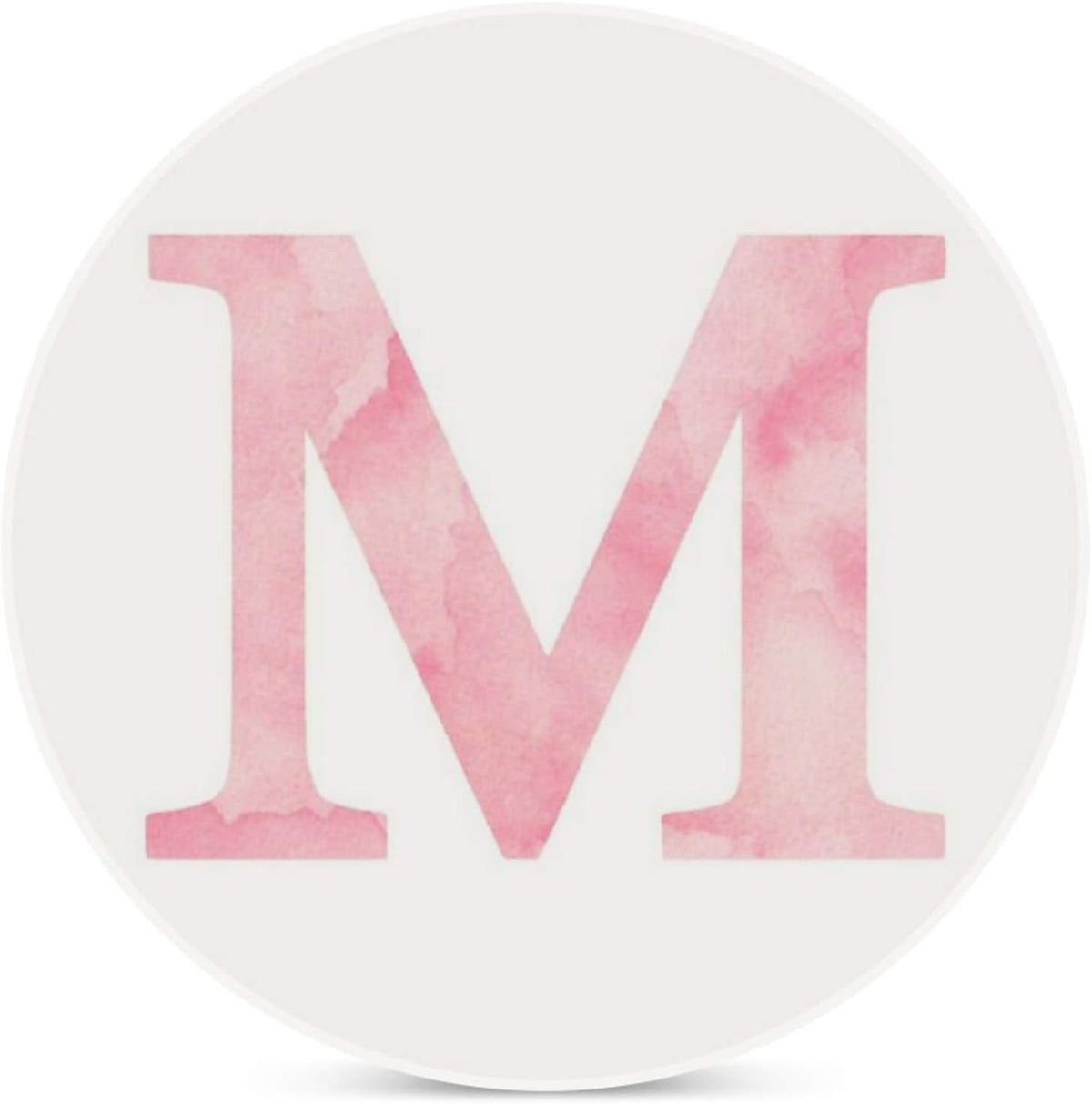 The Letter M- Light Pink Watercolor Design Sticker Ceramic Mug Coasters Drink Coaster, Bar Coaster Round Cup Mat with Non-Slip Cork Base 1 PCS