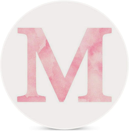 The Letter M- Light Pink Watercolor Design Sticker Ceramic Mug Coasters Drink Coaster, Bar Coaster Round Cup Mat with Non-Slip Cork Base 1 PCS