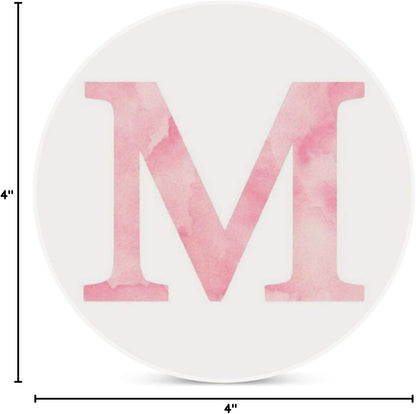 The Letter M- Light Pink Watercolor Design Sticker Ceramic Mug Coasters Drink Coaster, Bar Coaster Round Cup Mat with Non-Slip Cork Base 1 PCS