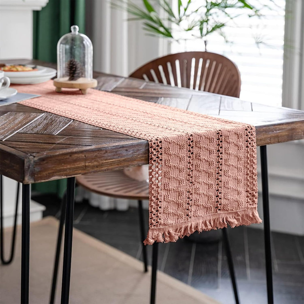 Macrame Table Runner Pure Pink Boho Table Runners with Tassels 12x71in