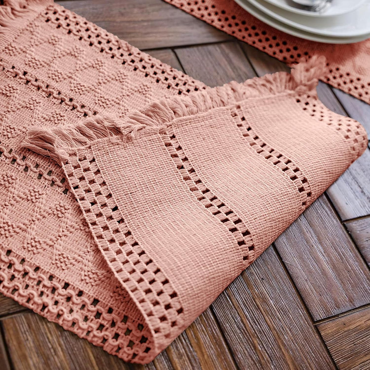 Macrame Table Runner Pure Pink Boho Table Runners with Tassels 12x71in