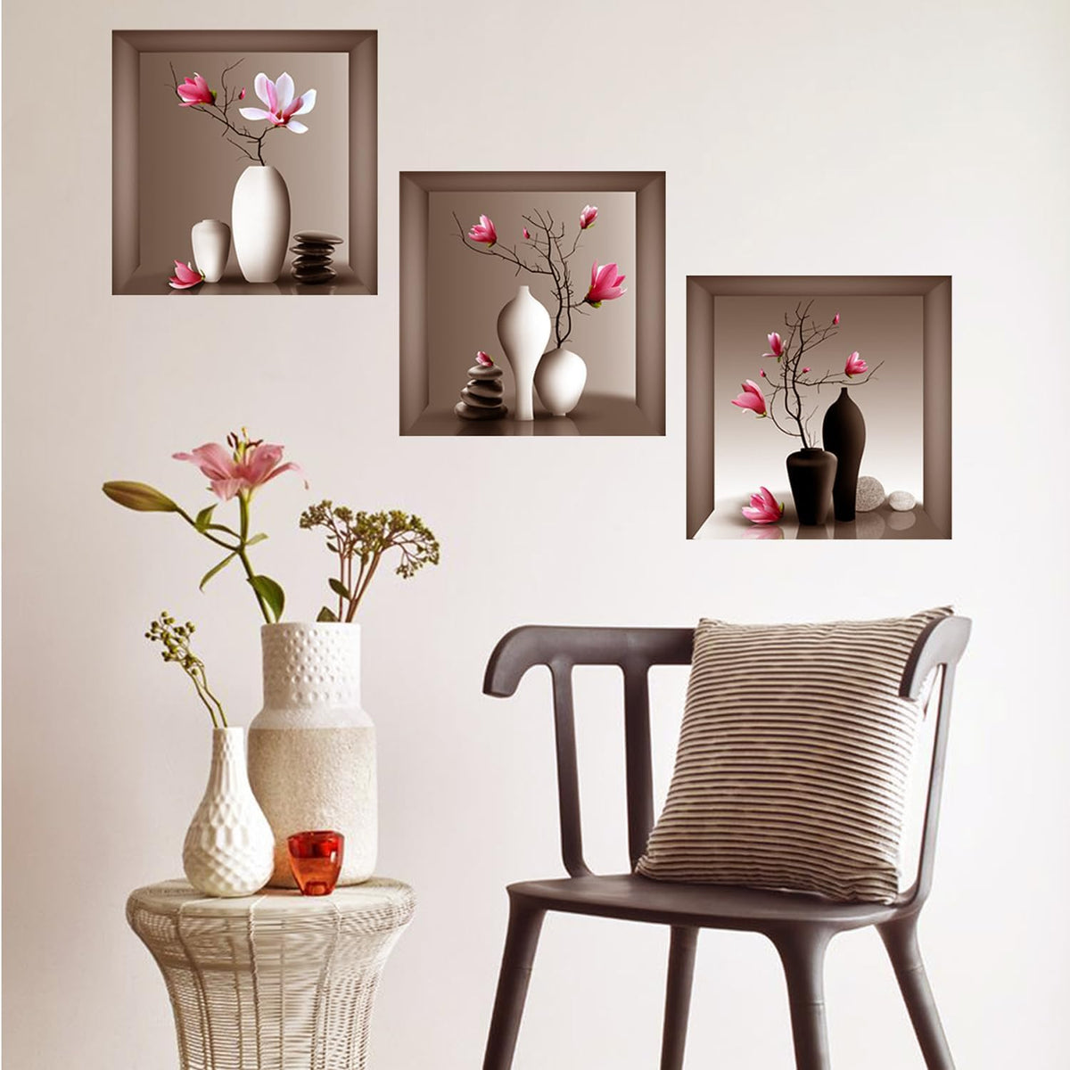 3D Pink Orchid Vase Wall Stickers, 3Pcs Modern Floral PVC Wall Decals, Removable 3D Blossom Wall Art for Bedroom, Living Room, Entryway, Yoga Studio, Sofa Backdrop, Home Office Decor