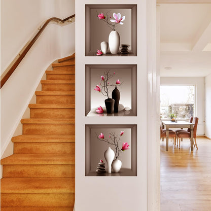 3D Pink Orchid Vase Wall Stickers, 3Pcs Modern Floral PVC Wall Decals, Removable 3D Blossom Wall Art for Bedroom, Living Room, Entryway, Yoga Studio, Sofa Backdrop, Home Office Decor