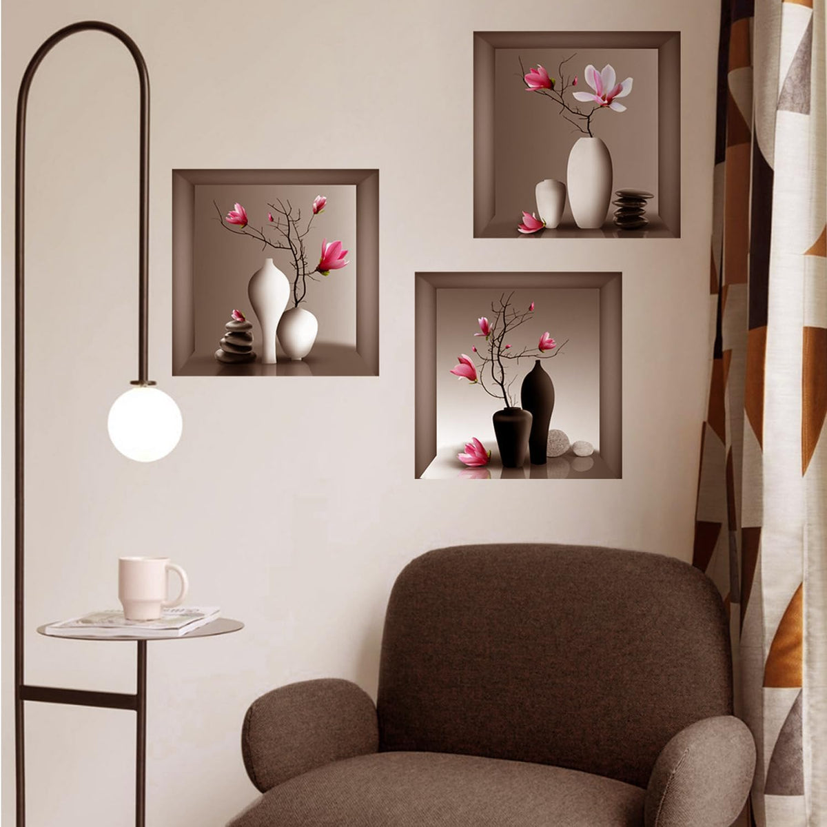 3D Pink Orchid Vase Wall Stickers, 3Pcs Modern Floral PVC Wall Decals, Removable 3D Blossom Wall Art for Bedroom, Living Room, Entryway, Yoga Studio, Sofa Backdrop, Home Office Decor