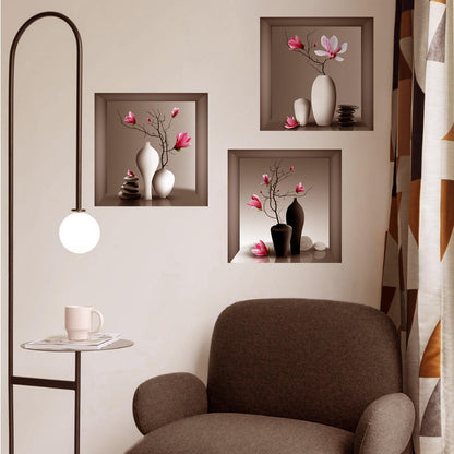 3D Pink Orchid Vase Wall Stickers, 3Pcs Modern Floral PVC Wall Decals, Removable 3D Blossom Wall Art for Bedroom, Living Room, Entryway, Yoga Studio, Sofa Backdrop, Home Office Decor