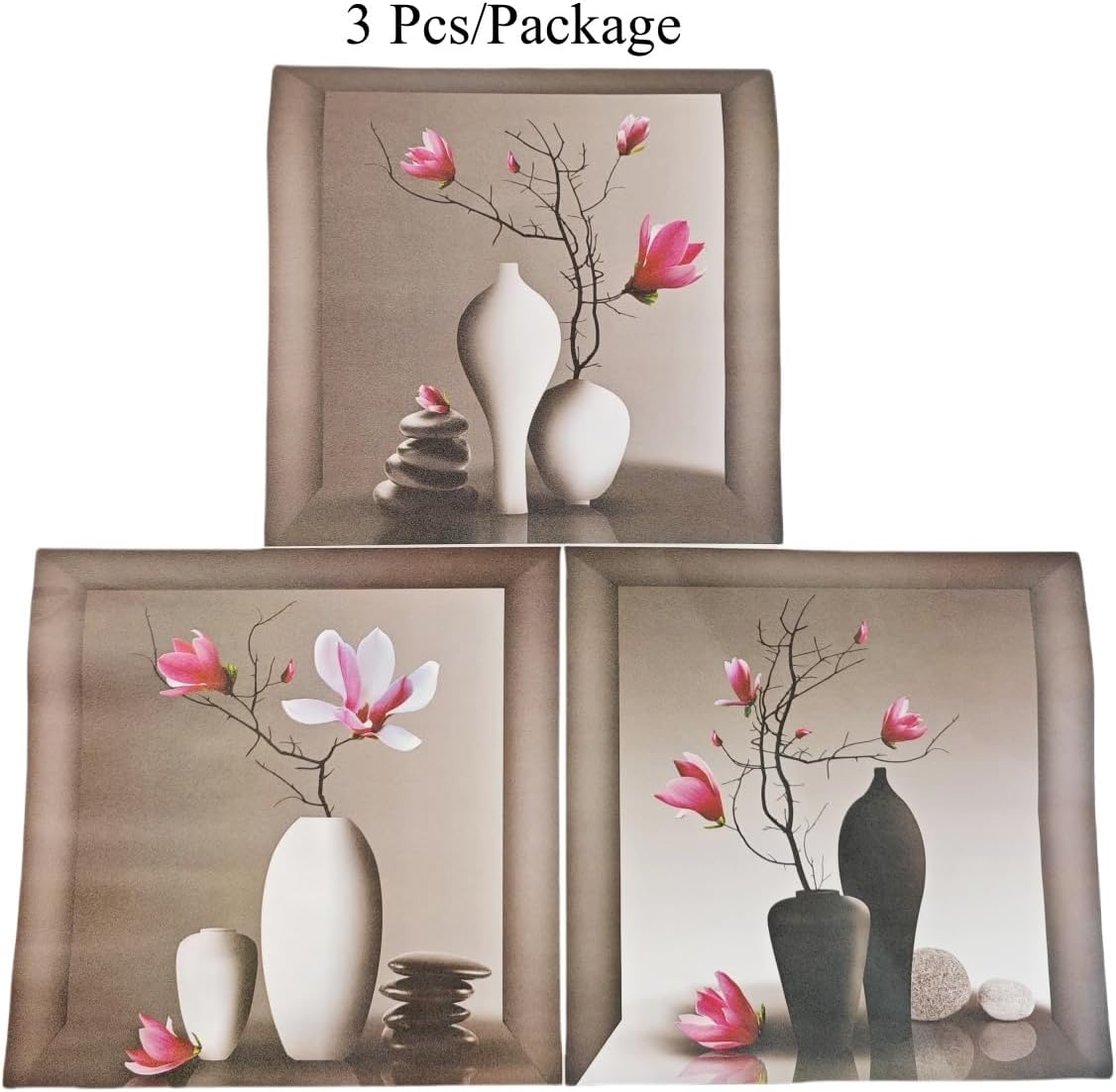 3D Pink Orchid Vase Wall Stickers, 3Pcs Modern Floral PVC Wall Decals, Removable 3D Blossom Wall Art for Bedroom, Living Room, Entryway, Yoga Studio, Sofa Backdrop, Home Office Decor