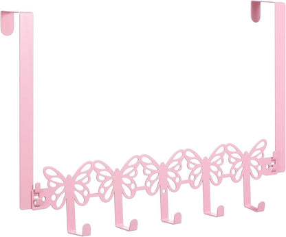 Pink Butterfly Over The Door Hooks Wall Mount Towel Hanger Cute Door Holder Rack with 5 Hooks Hanging Towel, Coat Keys, Bags, Hats, Clothes for Bedroom Bathroom Kitchen Dorm Room Organizer