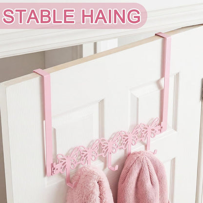 Pink Butterfly Over The Door Hooks Wall Mount Towel Hanger Cute Door Holder Rack with 5 Hooks Hanging Towel, Coat Keys, Bags, Hats, Clothes for Bedroom Bathroom Kitchen Dorm Room Organizer