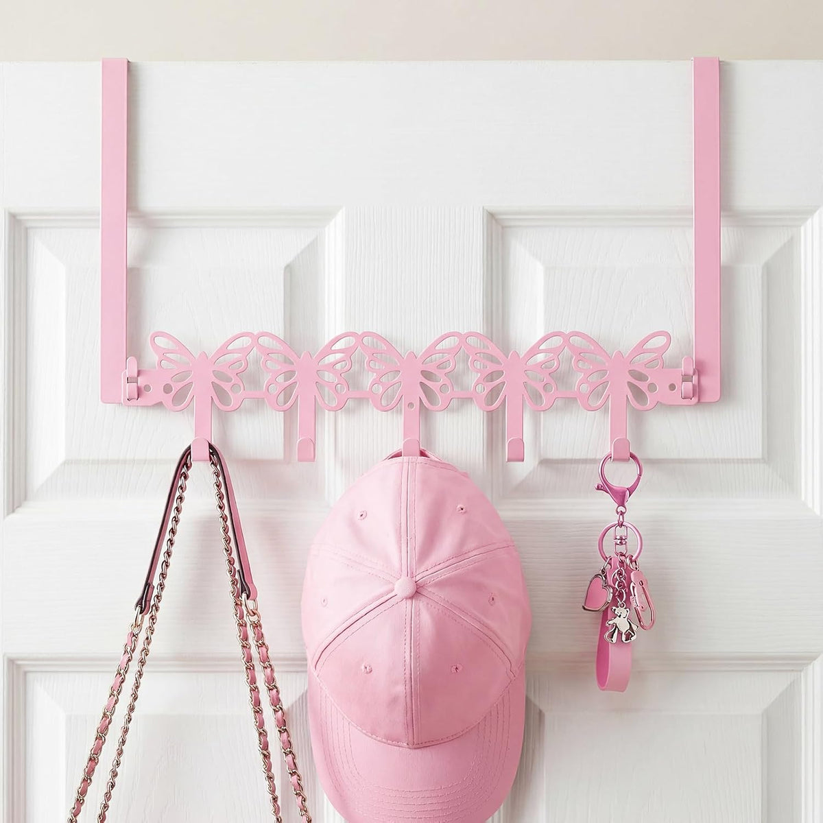 Pink Butterfly Over The Door Hooks Wall Mount Towel Hanger Cute Door Holder Rack with 5 Hooks Hanging Towel, Coat Keys, Bags, Hats, Clothes for Bedroom Bathroom Kitchen Dorm Room Organizer