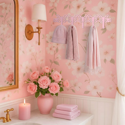 Pink Butterfly Over The Door Hooks Wall Mount Towel Hanger Cute Door Holder Rack with 5 Hooks Hanging Towel, Coat Keys, Bags, Hats, Clothes for Bedroom Bathroom Kitchen Dorm Room Organizer