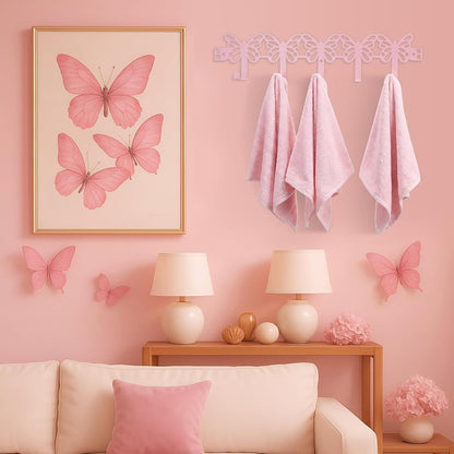 Pink Butterfly Over The Door Hooks Wall Mount Towel Hanger Cute Door Holder Rack with 5 Hooks Hanging Towel, Coat Keys, Bags, Hats, Clothes for Bedroom Bathroom Kitchen Dorm Room Organizer