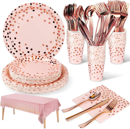 141Pcs Pink Rose Gold Paper Plates and Napkins Party Supplies for20