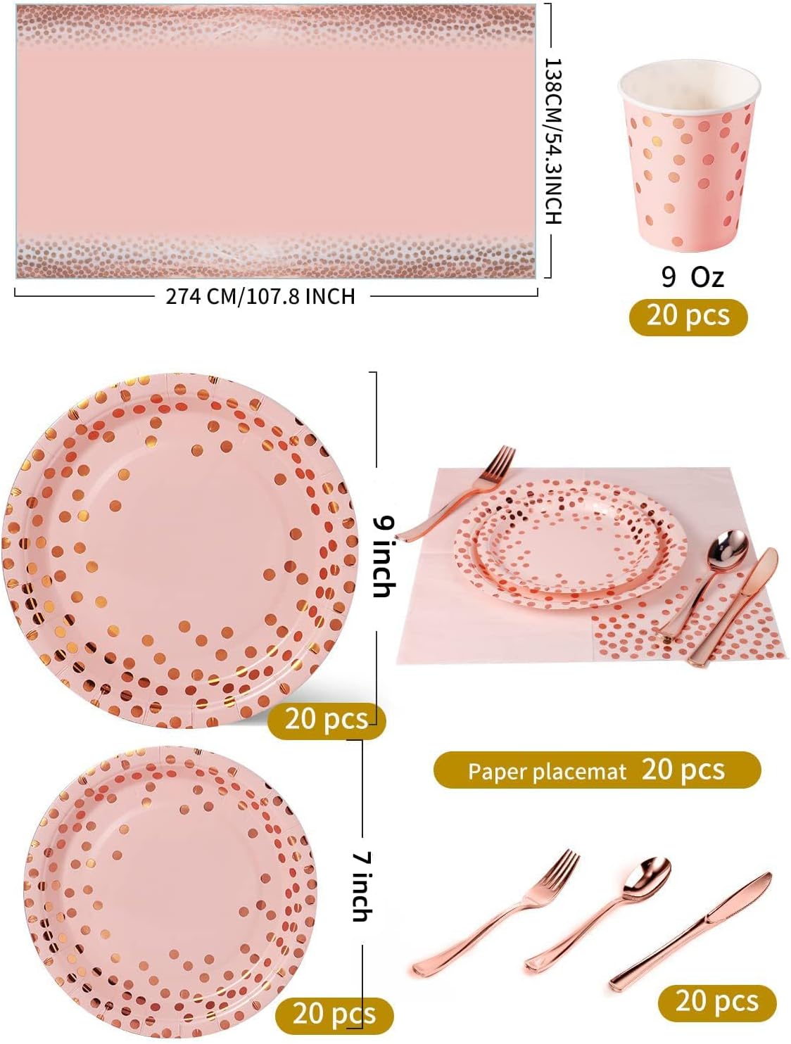 141Pcs Pink Rose Gold Paper Plates and Napkins Party Supplies for20