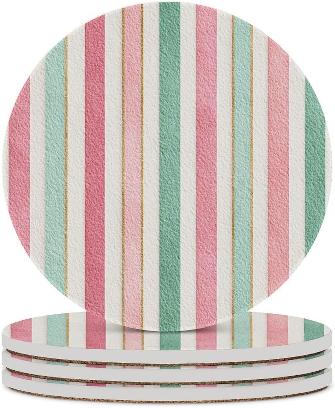 Tiny Stripe Pattern in Pink Aqua Cream Blue Coasters Set of 4 Absorbent Coasters