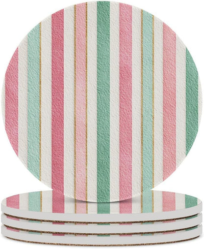 Tiny Stripe Pattern in Pink Aqua Cream Blue Coasters Set of 4 Absorbent Coasters