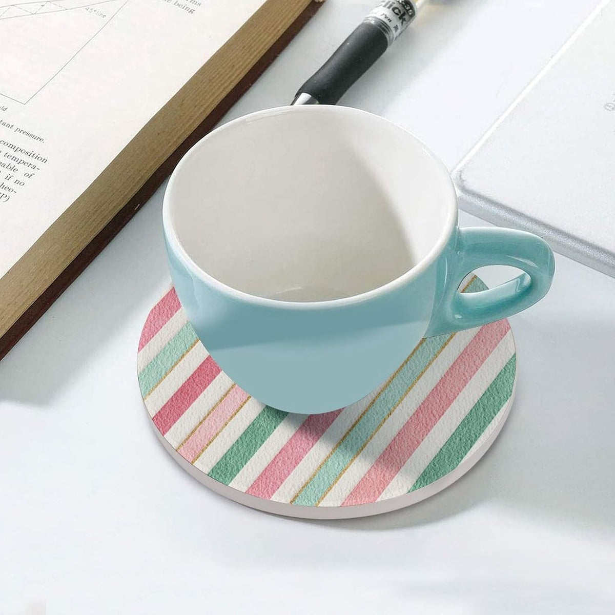 Tiny Stripe Pattern in Pink Aqua Cream Blue Coasters Set of 4 Absorbent Coasters