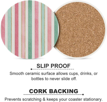 Tiny Stripe Pattern in Pink Aqua Cream Blue Coasters Set of 4 Absorbent Coasters